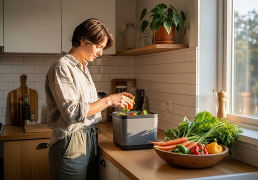 Woman putting vegetable scrap in food waste composter on home kitchen counter. Eco friendly lifestyle, sustainable kitchen waste management, organic fertilizer creation at home.