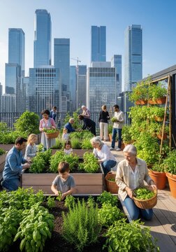 Community of diverse group people gardening on urban rooftop farm. Man woman and child growing fresh vegetable and organic herb in city. Sustainability ecology and healthy lifestyle concept.