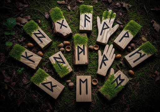 Wooden rune stones with carved symbols and moss arranged on forest ground. Ancient Nordic divination tool for fortune telling. Esoteric mystery and pagan ritual spiritual concept.