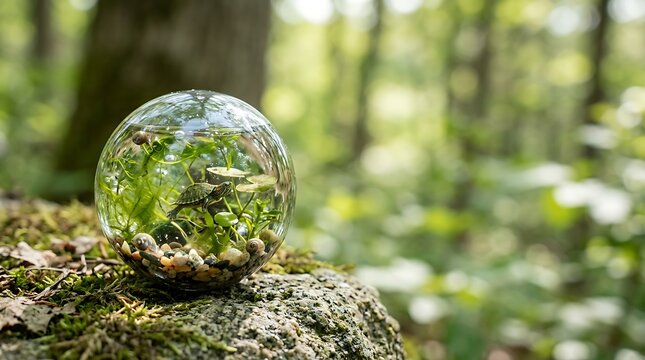 Tiny turtle in a glass ecosphere on a mossy forest rock