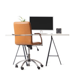 Fototapeta premium Modern office workspace with computer monitor and brown swivel chair