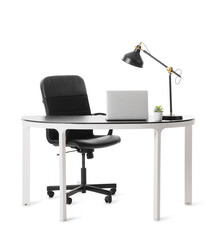 Fototapeta premium Minimalist modern office desk setup with laptop, black chair, desk lamp, and small plant