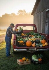 Farmer loading fresh vegetables into red pickup truck. Harvesting seasonal crops for local food market. Working in farm field at dawn. Concept of agriculture, rural life and organic produce.