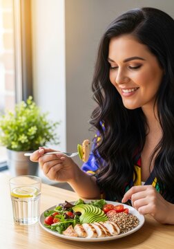 Woman eating healthy salad with chicken and avocado at home. Happy female enjoying fresh vegetable lunch meal. Nutritious food diet concept for wellness, weight loss and lifestyle.