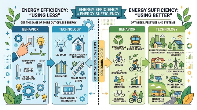 Energy efficiency and sufficiency comparison infographic