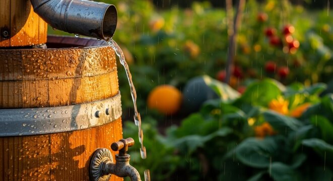 Rainwater harvesting system with wooden barrel and metal tap collecting water from roof gutter. Sustainable gardening equipment for irrigation and nature conservation in garden.