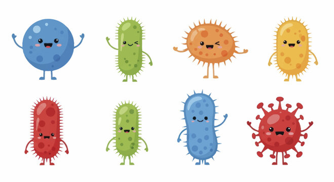 Cute Cartoon Bacteria and Viruses Characters Set.