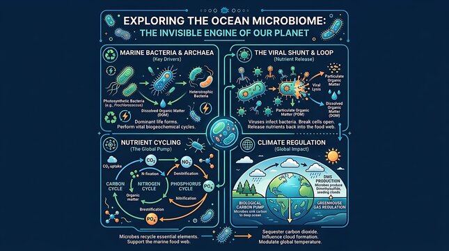 Infographic explaining the ocean microbiome and marine ecosystem cycles