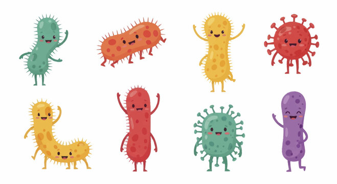 Cute Cartoon Microbes and Bacteria Characters Set.