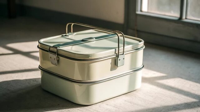 Retro lunchbox stacked neatly in window light with soft focus background
