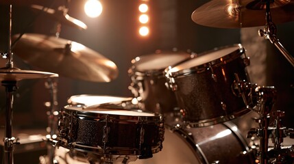 Fototapeta premium Drum set in studio dramatic side lighting close-up detail --a