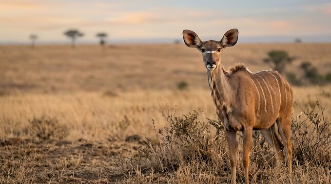 Female greater kudu standing in the golden african savanna at dusk