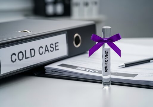 Test tube with dna sample and purple ribbon standing next to cold case folder. Forensic investigation and criminal law concept. Solving unsolved crime with genetic laboratory analysis.