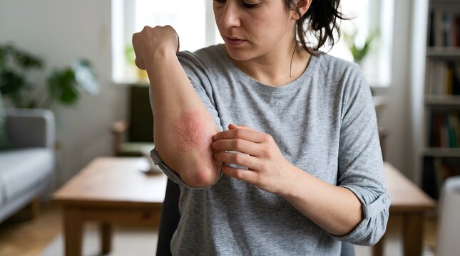 Woman scratching itchy arm with rash, skin allergy, eczema, discomfort