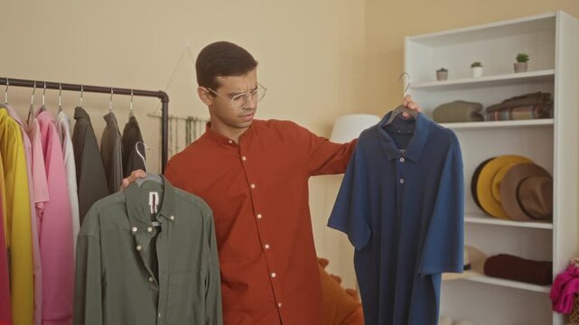 Young hispanic man comparing a green button shirt and a blue polo on hangers among clothing racks and hats inside a retail building; decision.