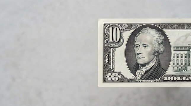 Ten dollar bill banknote on a light textured background with copy space