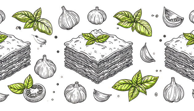 Hand drawn food pattern with lasagna squares, basil leaves, garlic cloves, and dots, sketch style with watercolor accents