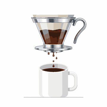Manual pour over coffee maker dripping fresh dark brew into a white ceramic mug.