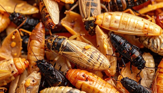 Close-up of a pile of dried cicadas and other insects, a unique food source.