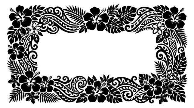 Polynesian Tribal Frame with Hibiscus and Tropical Leaves