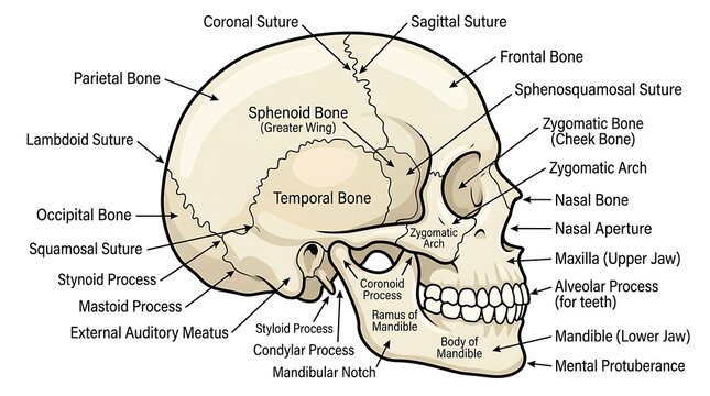 Detailed anatomical diagram of human skull bones.