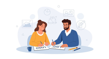 Obraz premium Teamwork and collaboration in logo design process, vector illustration of designers working together