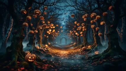 Fototapeta premium Haunted Forest Path With Floating Jack O Lantern Pumpkins