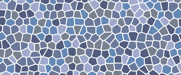 Fototapeta premium Grey mosaic pebble stone seamless pattern. Repeated cobblestone background. Blue stone sidewalk paved texture. Tessellation rock repeating wallpaper. Vector landscaping brick pavement backdrop