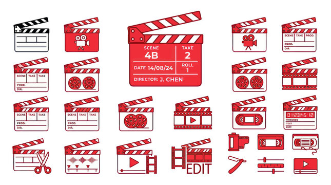 Collection of film clapperboards and movie production icons, cinematic elements