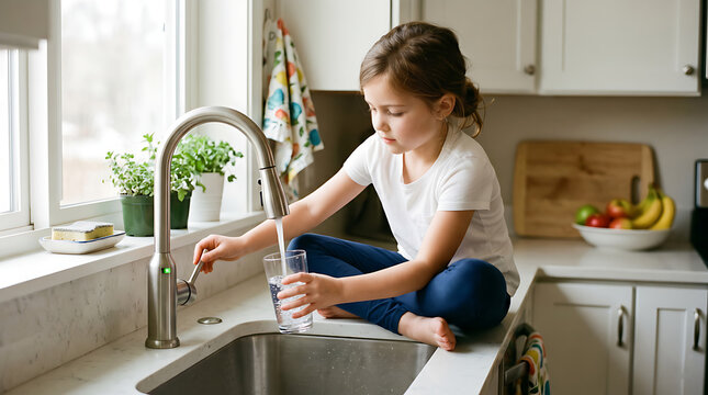 Young Girl Filling Glass with Tap Water in Kitchen, Healthy Hydration, Clean Drinking Water and Childhood Wellness Concept