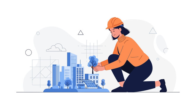 Woman architect in hard hat designing sustainable city model with solar panels and modern buildings, concept of urban planning and eco-friendly development