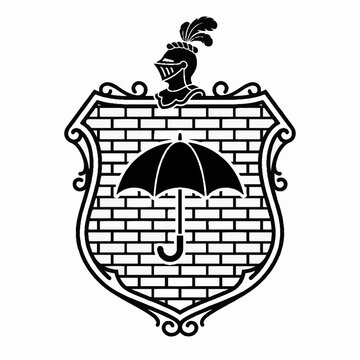 Medieval Heraldic Shield with Knight Helmet and Umbrella Icon Black and White Illustration.