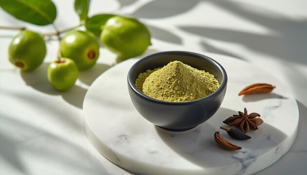 Fresh green chebulic myrobalan fruits with olive green herbal powder in a ceramic bowl and dried spices on a round marble platter.