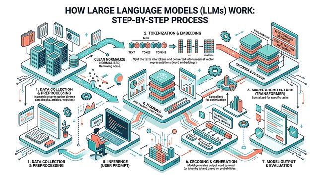 Large language model step by step process workflow infographic
