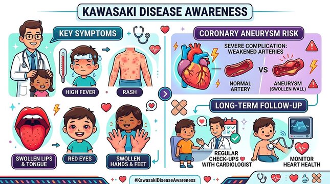 Kawasaki disease awareness medical infographic showing symptoms and risks