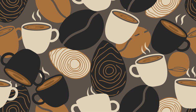Seamless pattern showing steaming cups of hot coffee and large coffee beans over a dark brown background.