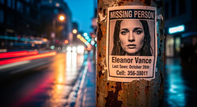Missing person poster of a young woman attached to a rusty metal pole on a dark city street. Concept of search for disappeared victim, investigation, mystery and urban tragedy.