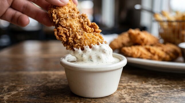 A delicious fried chicken tender being dipped into a creamy ranch dipping sauce, with french fries in the background