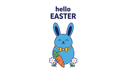 Fototapeta premium Adorable blue easter bunny wearing a yellow bow tie next to a tasty carrot and white flowers with text banner.