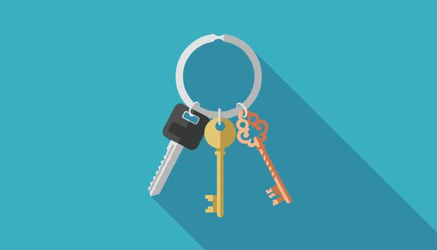 Keyring holding three unique house and car keys casting a long shadow on a clean teal blue background for safety.
