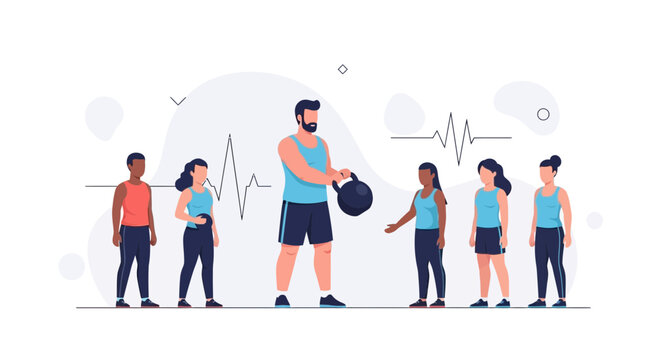 Diverse group of people in a fitness class with a trainer holding a kettlebell, fitness, health, wellness, training