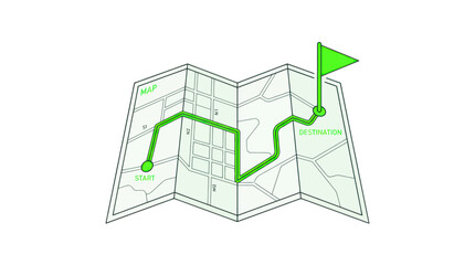 Fototapeta premium Folded Map with Green Route Line, Start and Destination Flags, Isolated on White