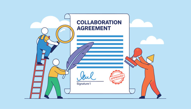 Team of diverse small workers successfully signs and approves a large official collaboration agreement document with stamp and quill.