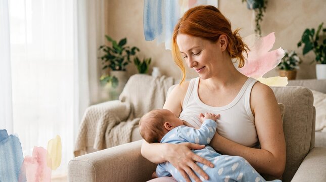 Redhead mother breastfeeding newborn baby at home, young woman nursing infant in living room, maternal care and bonding concept