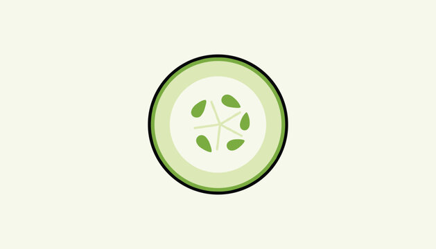 Single fresh cucumber slice with green skin and seeds inside is displayed on a light cream colored background.