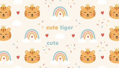 Fototapeta premium Charming seamless child pattern features friendly smiling tiger heads wearing gold crowns, rainbows, and clouds.