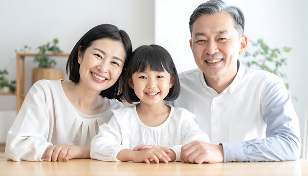 Happy multi-generational Asian family smiling together, parents and child, warm indoor setting, concept of love and togetherness