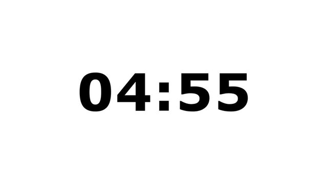 Five minute countdown black numbers on white screen motion graphics.