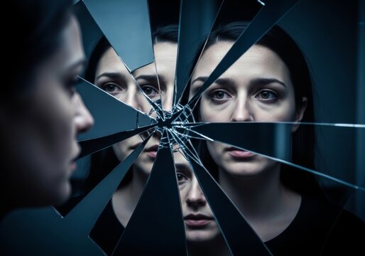 Woman looking at her reflection in a broken mirror. Dissociative identity concept and mental health struggle. Fractured reality, fragmented self and psychological trauma visualization.