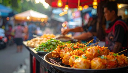 Obraz premium Street food vendor prepares crispy fried snacks on a metal tray at a bustling night market stall.